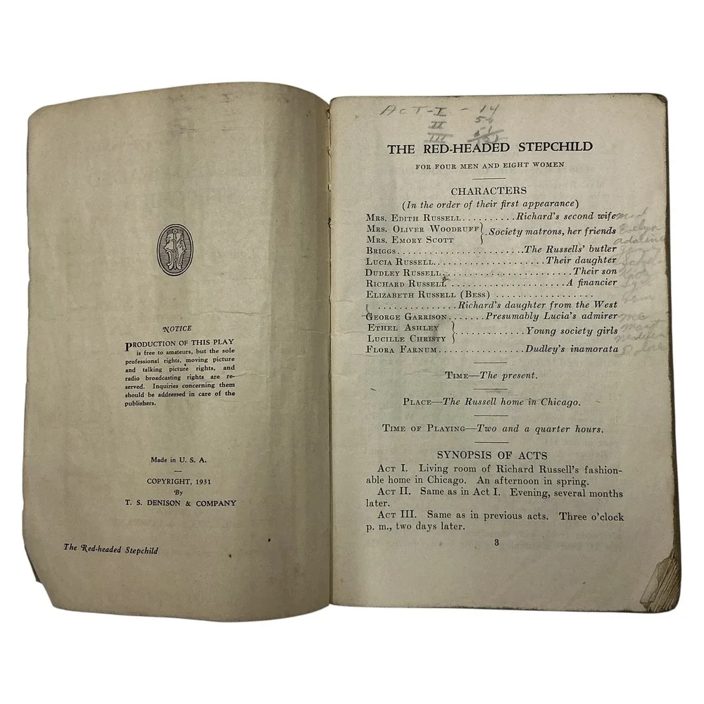 1931 The Red-Headed Stepchild Charles George Denison's Select‎ Plays Script Vtg
